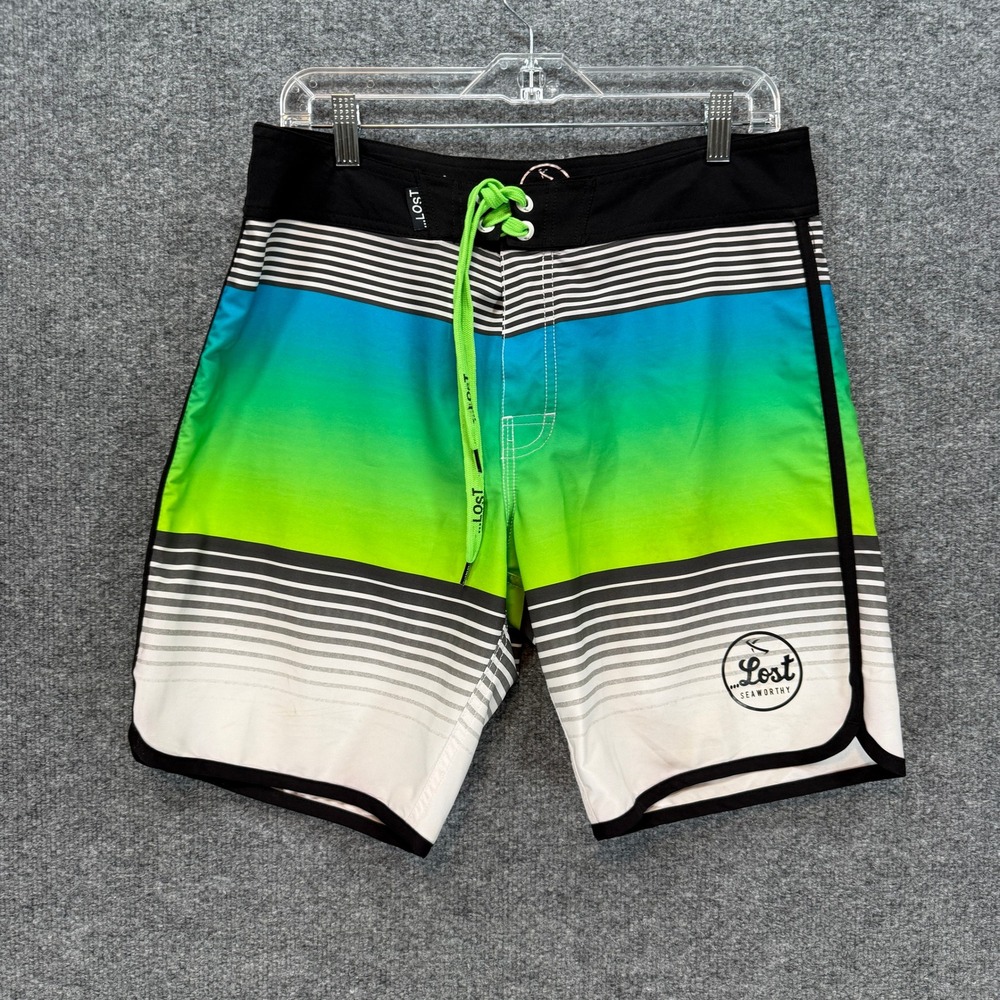 Lost Board Shorts Mens 32 Green Gradient Striped Seaworthy Surf Swim Trunks